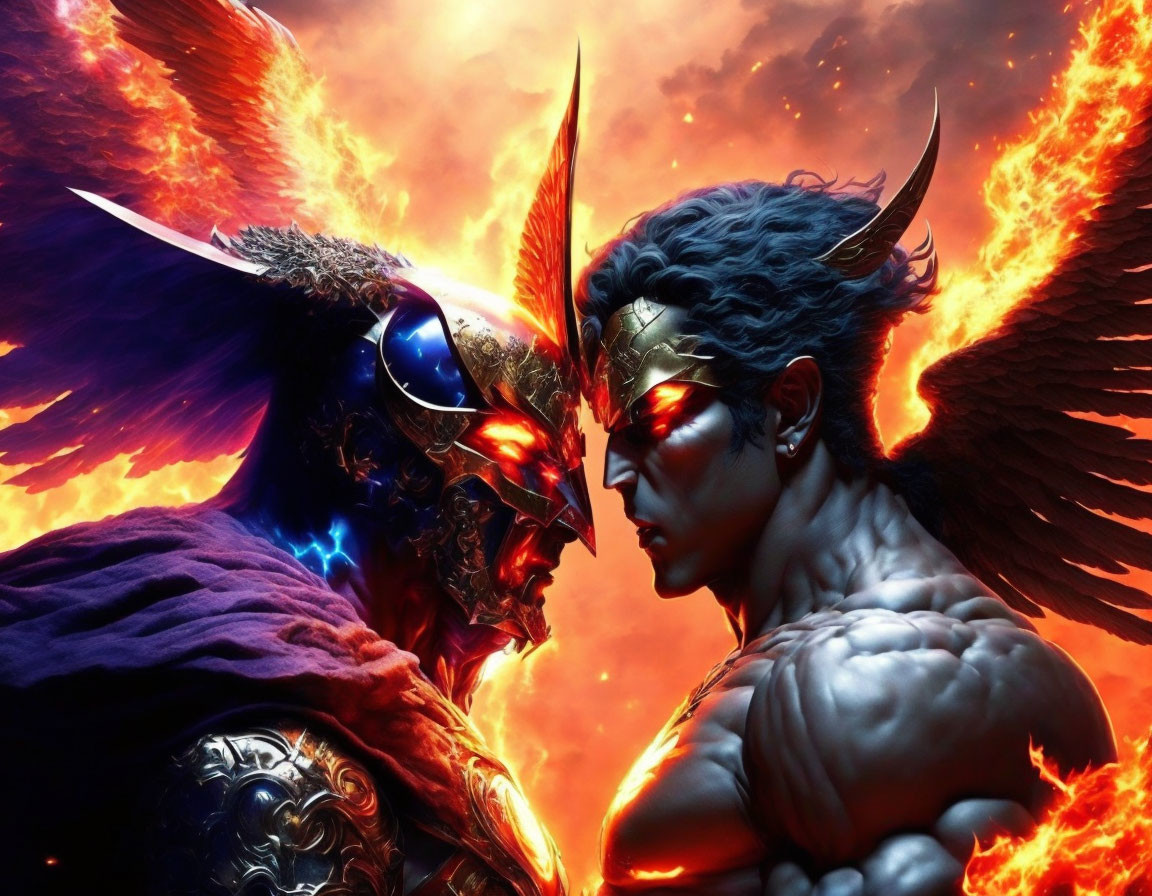 Animated characters clash with fiery and electric auras: one with red eyes and horns, the other with