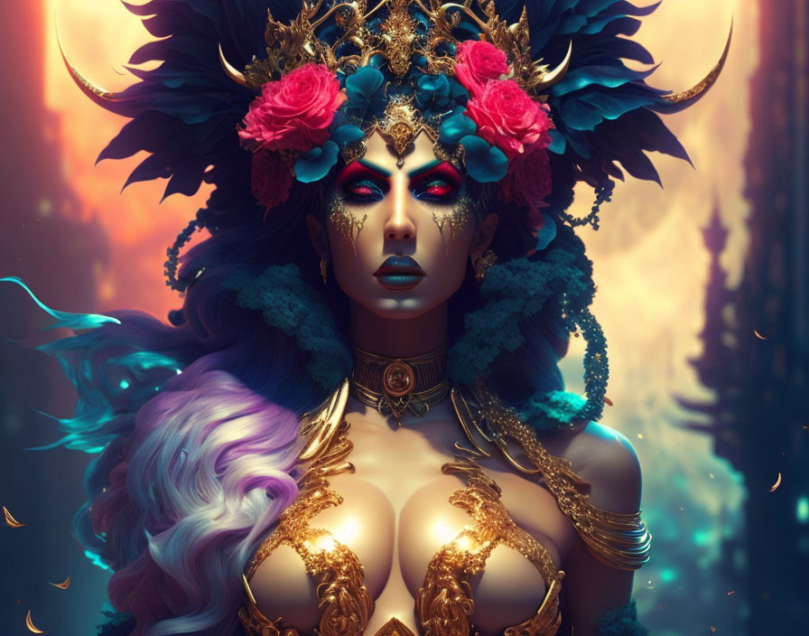 Elaborate blue and gold headgear on mystical woman