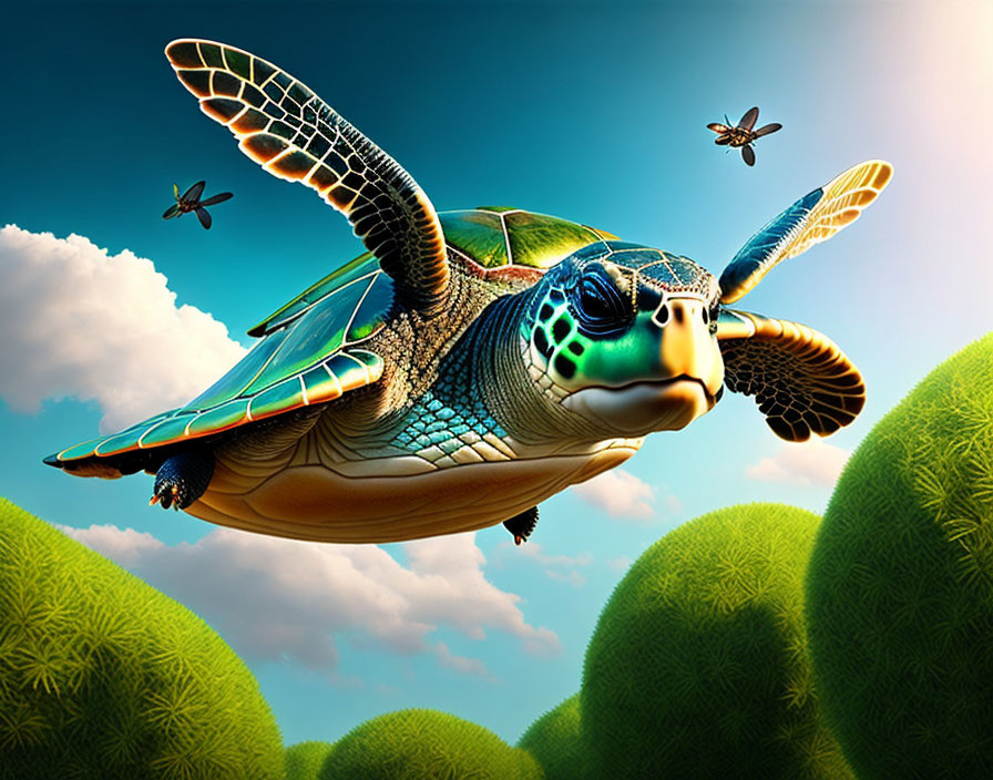 Colorful digital artwork: Flying sea turtle with bees in sunny landscape