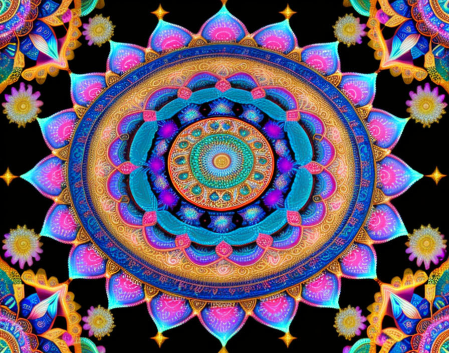Intricate Blue, Pink, and Gold Mandala on Black Background