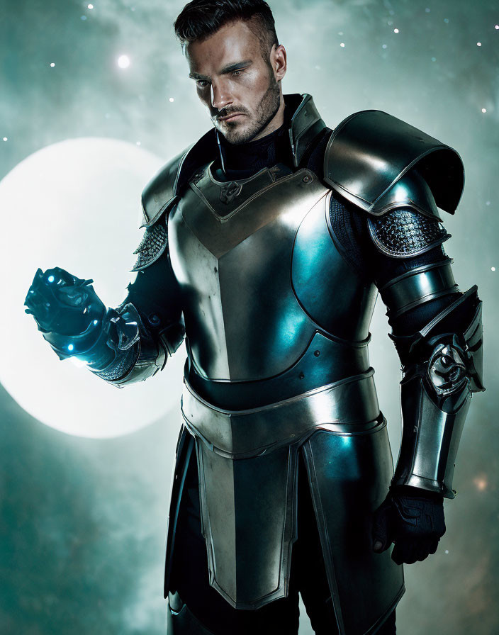 Medieval armor-clad man with futuristic twist in cosmic setting.