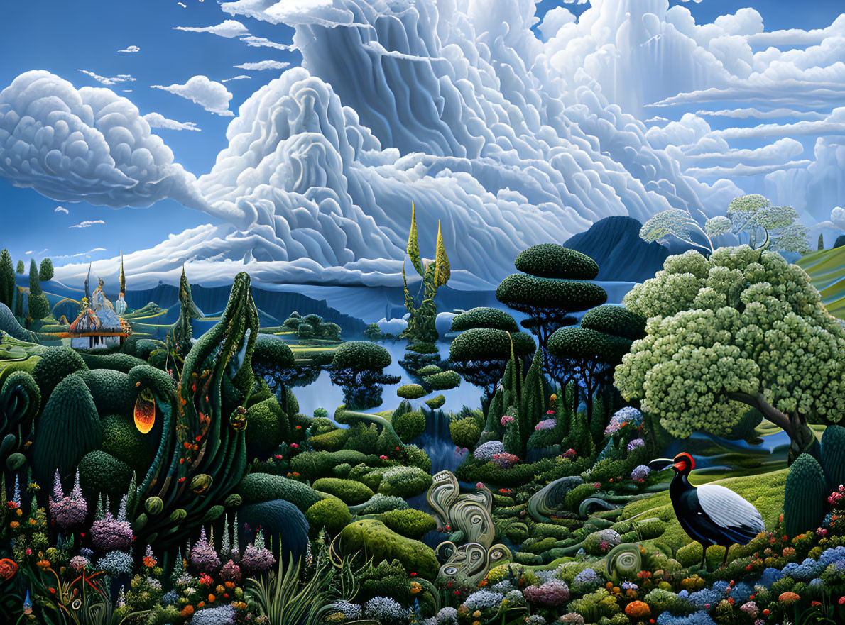 Surreal landscape with lush greenery, diverse flora, bird, topiary, dramatic clouds