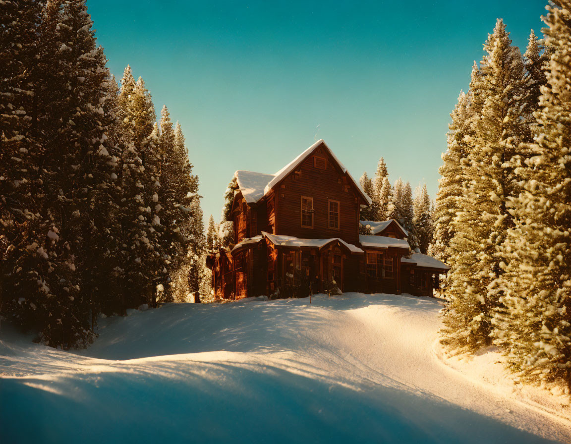 Snow-covered cabin in serene winter landscape.