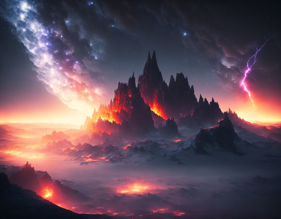 Fantastical landscape with spiky mountains, starry sky, lightning, nebula, and