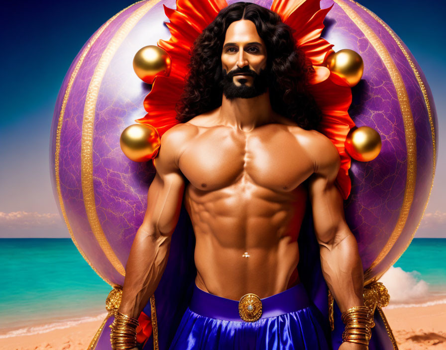 Muscular man with gold halo on beach throne in blue skirt
