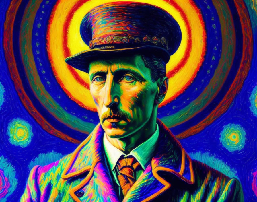 Colorful portrait of a man in hat and coat with swirling patterns and vivid colors.