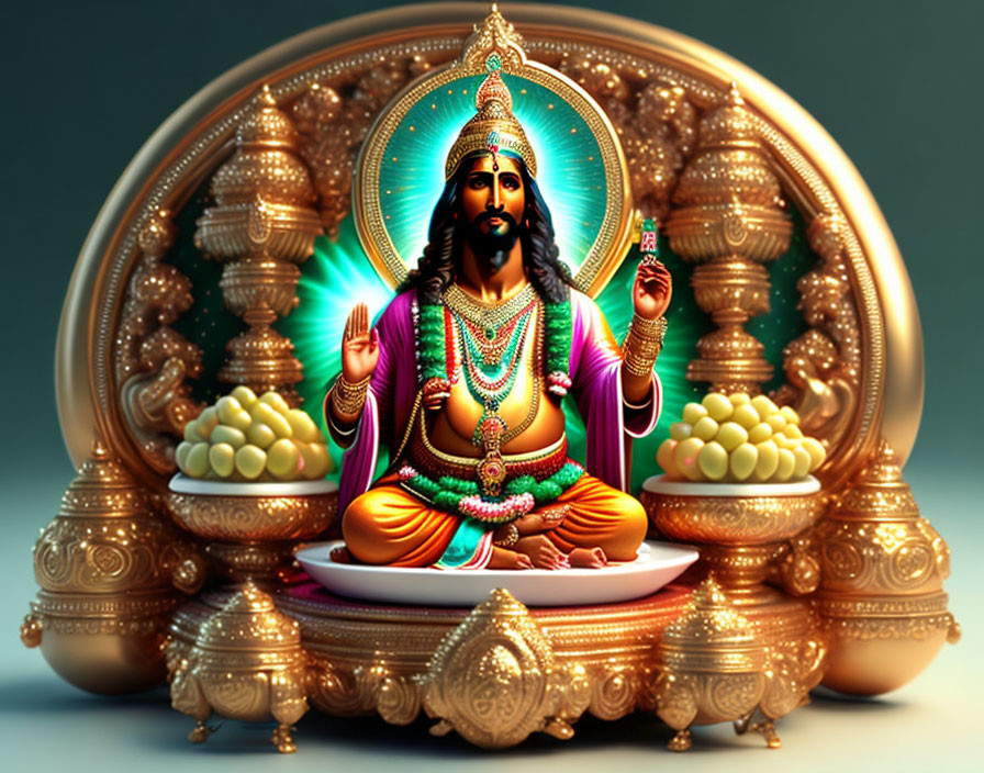 Four-armed deity on lotus with sweets and halo - Vibrant illustration
