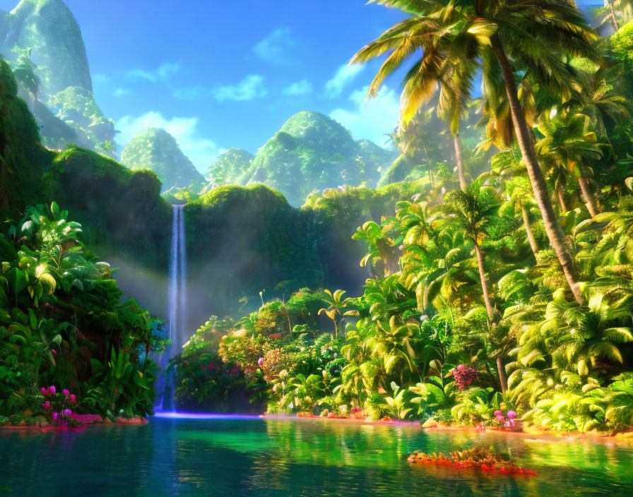 Tropical paradise with waterfall, lush greenery, palm trees, and serene river