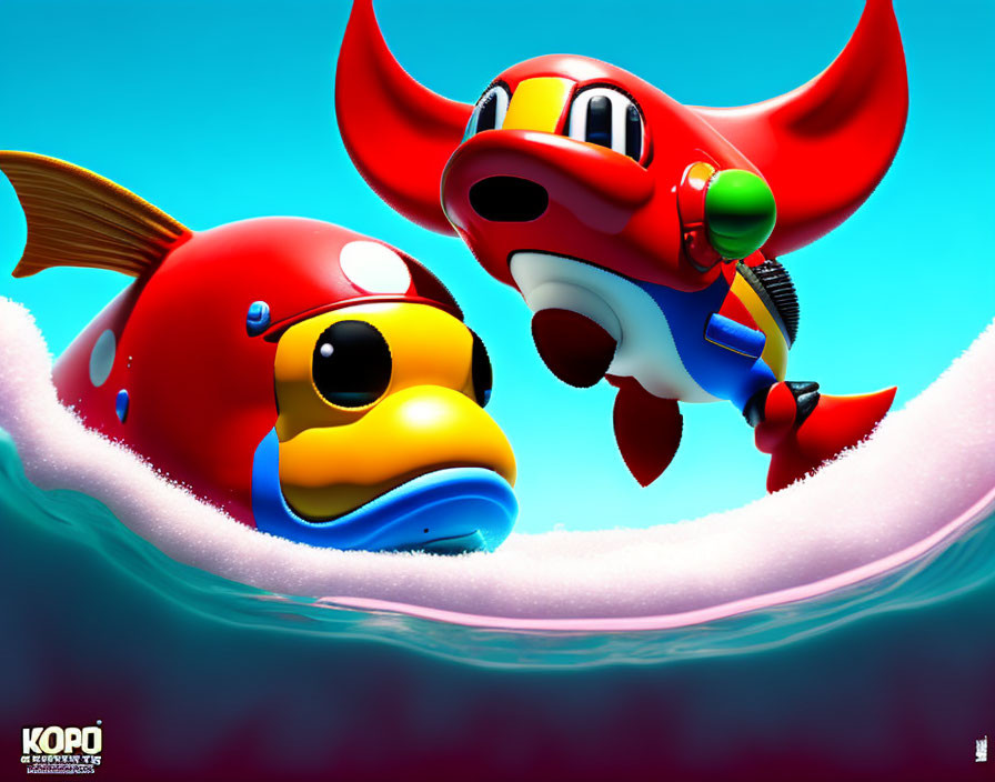 Vibrant animated fish and red plane character swimming above wave on blue background
