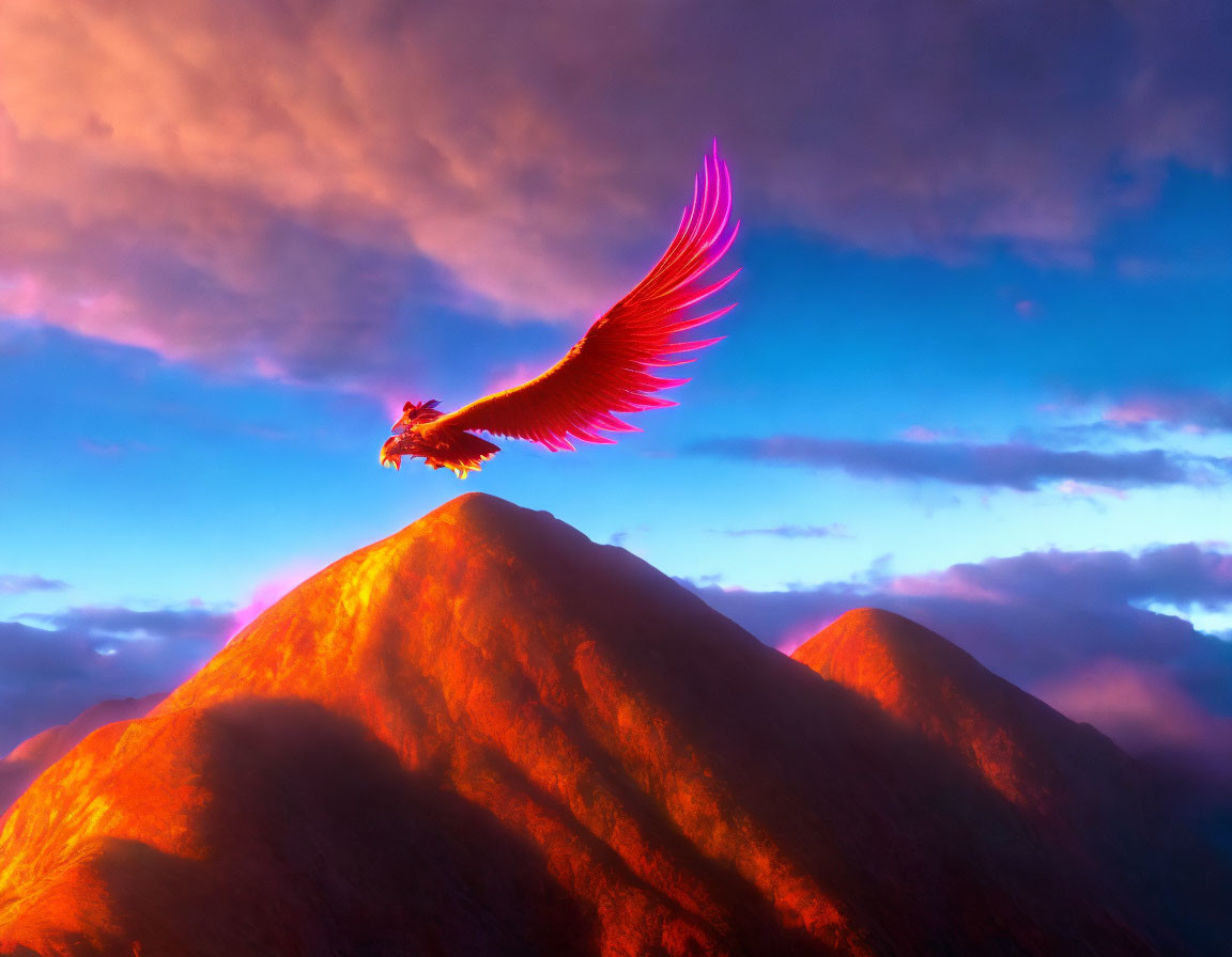 Colorful mythical bird flying over golden mountains in purple and orange sky