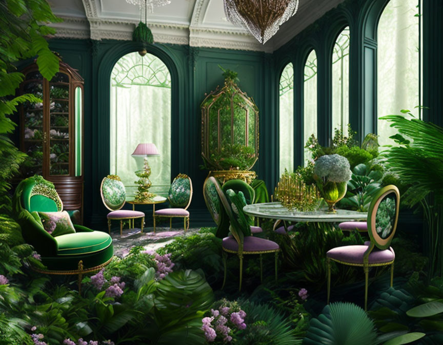 Luxurious Green-themed Interior with Velvet Furniture and Crystal Chandeliers