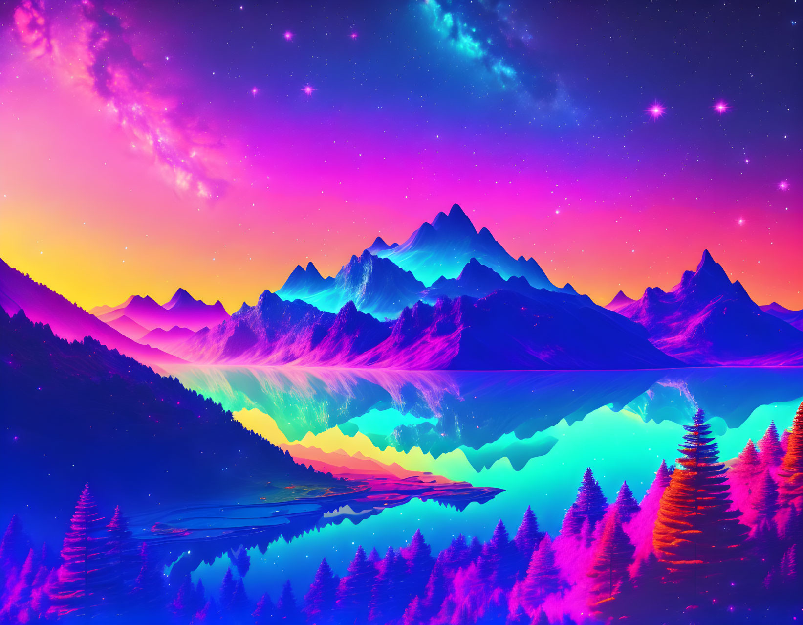 Colorful mountains under starry sky