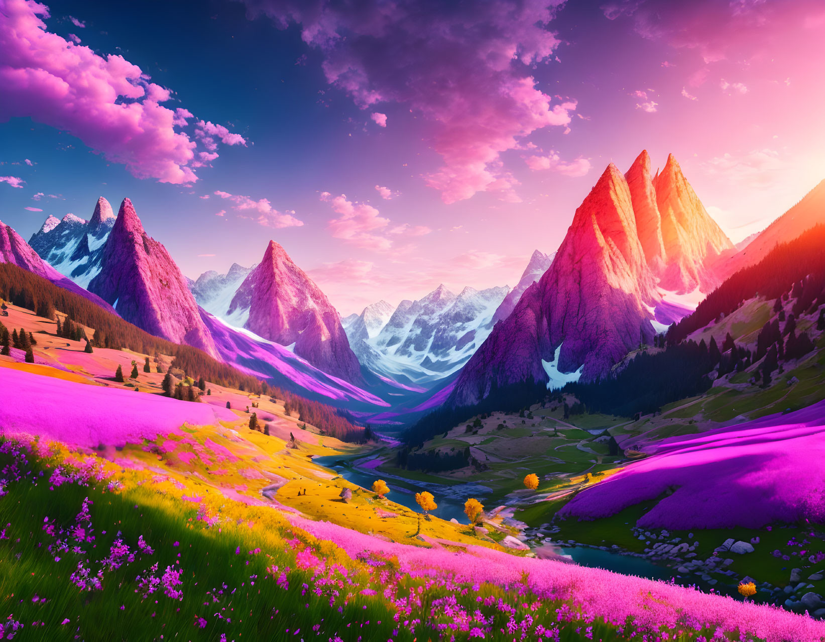 Colorful Landscape with Pink Fields, Sunset Sky, Mountains, and River