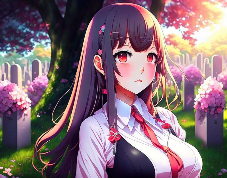 Long-haired animated girl in school uniform with red eyes, surrounded by vibrant pink tree.