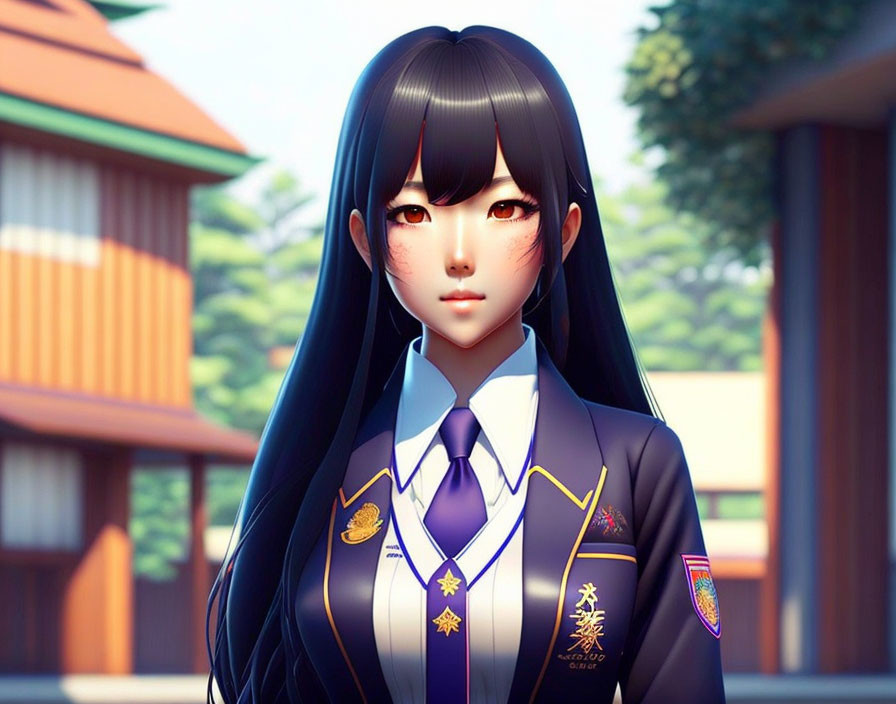 Long-haired animated character in blue and yellow school uniform against scenic backdrop.