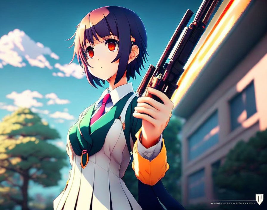 Anime girl with heterochromia in school uniform wields katana at sunset