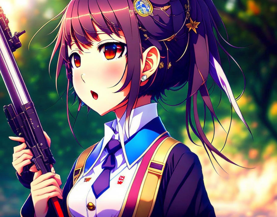 Anime character with brown hair in military uniform holding a rifle