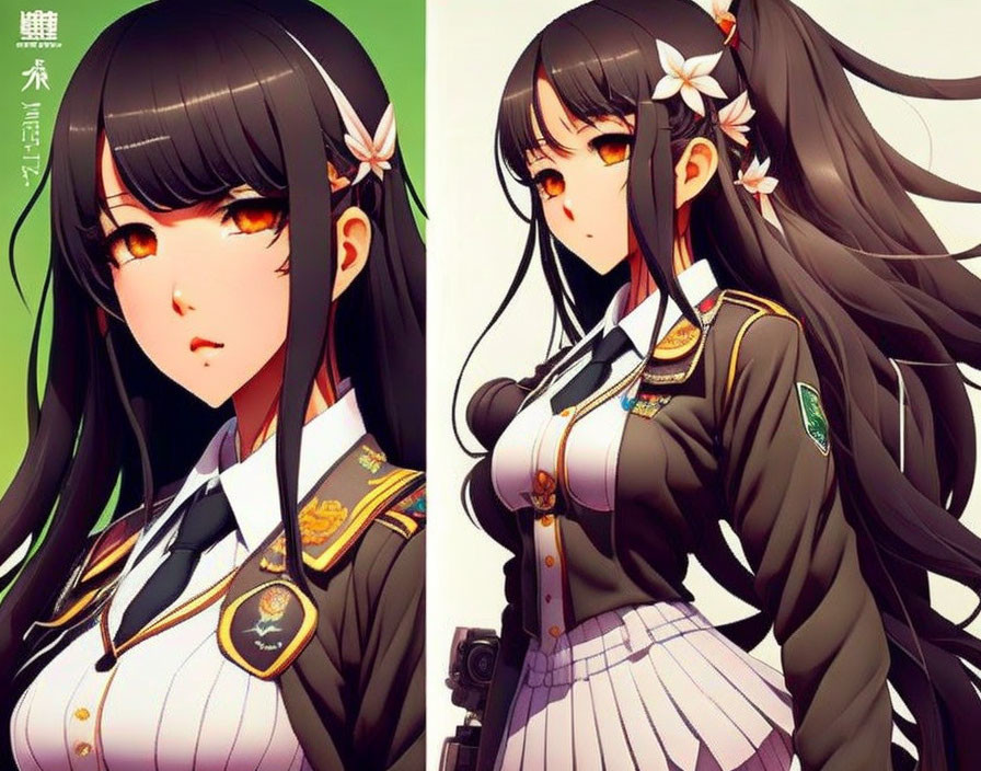 Anime girl with long black hair and golden eyes in brown school uniform with floral accessories.