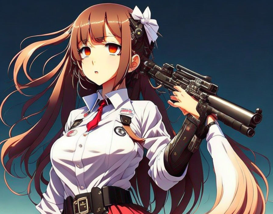 Brown-haired anime character in white and red outfit with sniper rifle against blue sky.
