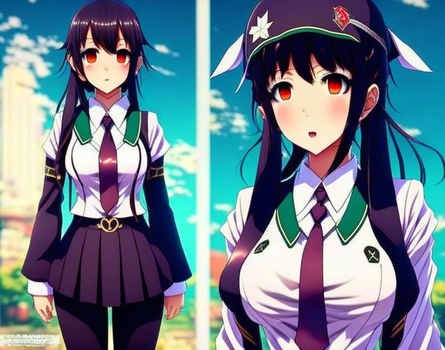 Two dark-haired animated characters in school uniforms with unique hats standing under a blue sky