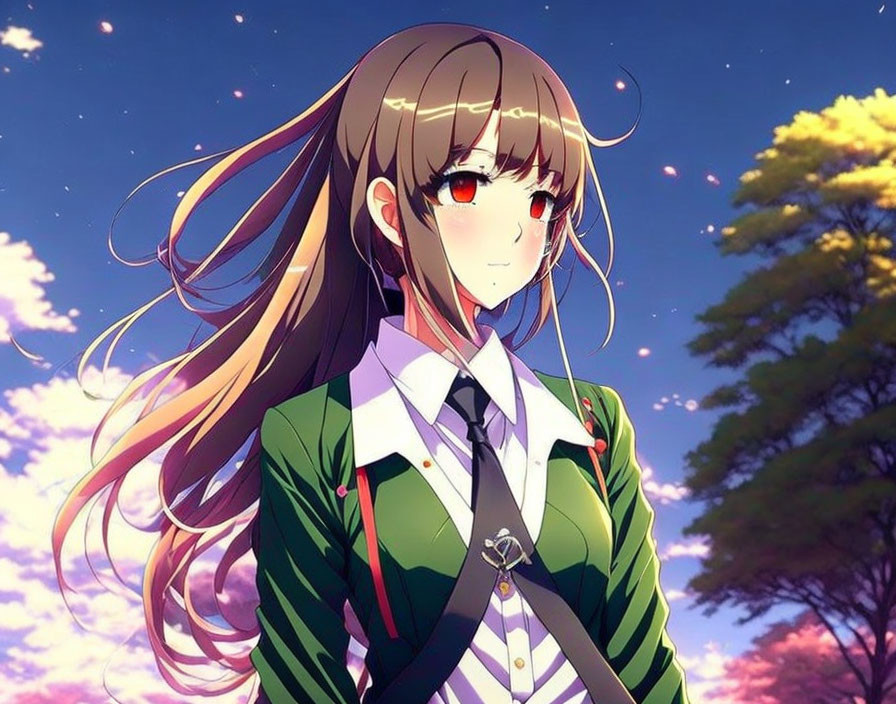 Brown-haired anime girl in green school uniform against sunset sky.