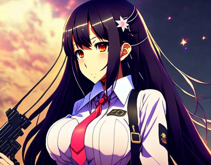 Anime-style female character with long black hair, red eyes, white uniform, red tie, holding a