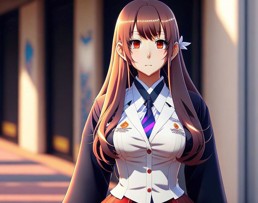 Brown-haired anime girl in school uniform with amber eyes in corridor