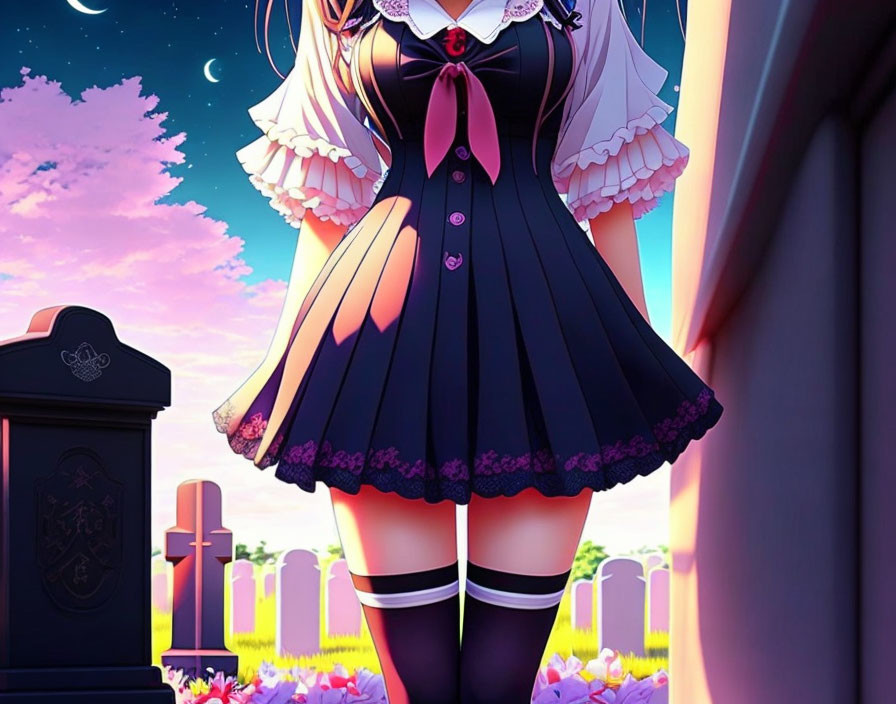 Stylized animated character in black & white Gothic Lolita dress in graveyard at dusk