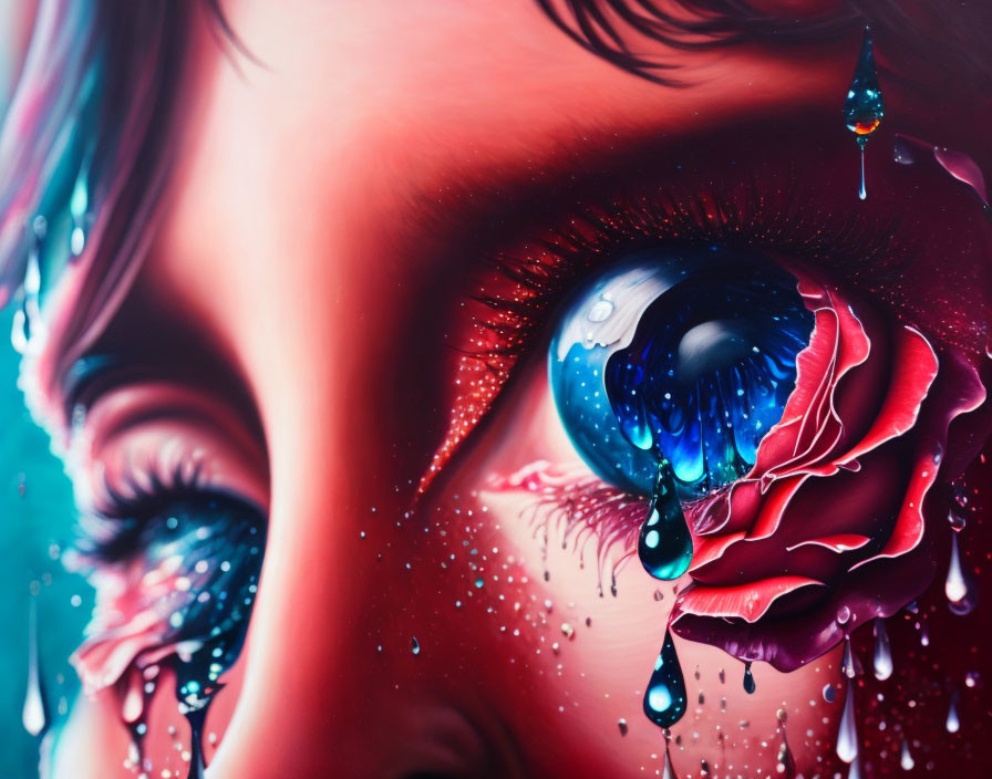 Colorful Artwork: Woman's Face Close-Up with Blue Rose and Teardrops