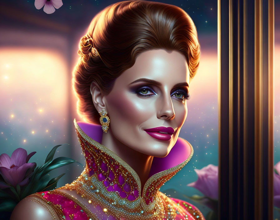 Illustrated woman in elegant attire with luminous background and flowers