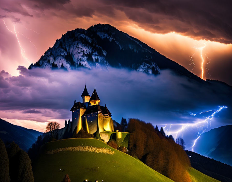 Majestic castle on hill under stormy sky with lightning bolts