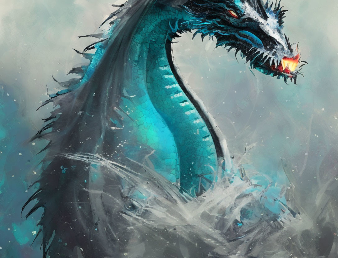 Blue dragon with scales in misty backdrop breathing flame
