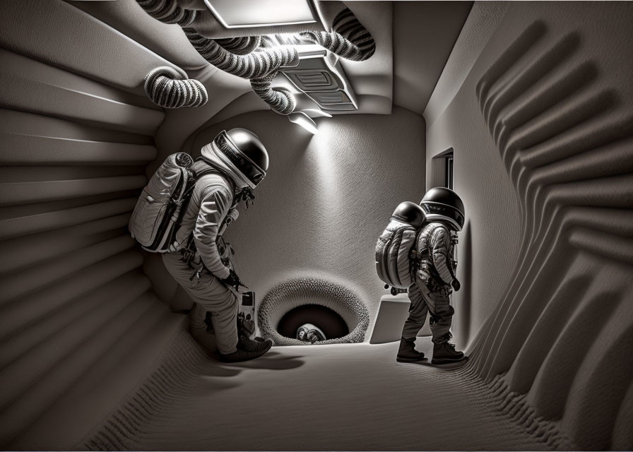 Astronauts exploring cramped, tunnel-like structure with ribbed walls and industrial fixtures