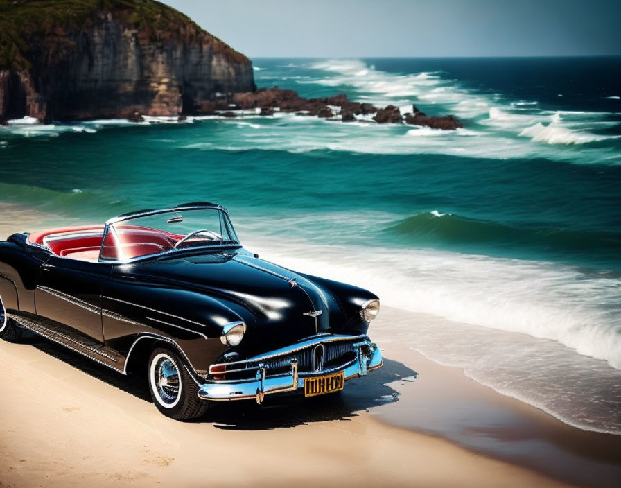 Vintage black convertible car on sandy beach with crashing waves and rocky cliffs
