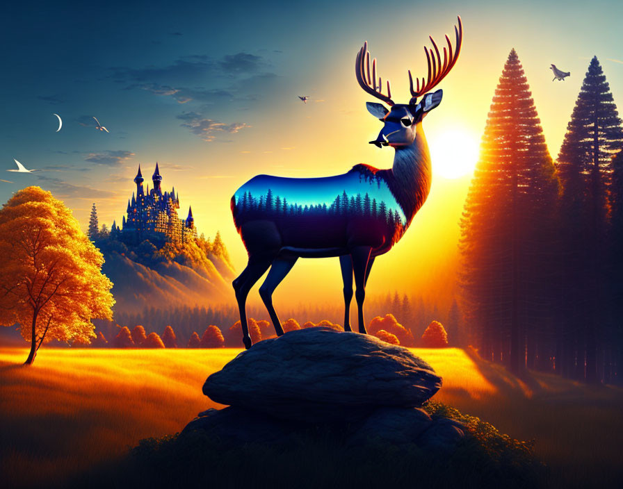 Stag with mountain range silhouette, sunset, castle, trees, birds.