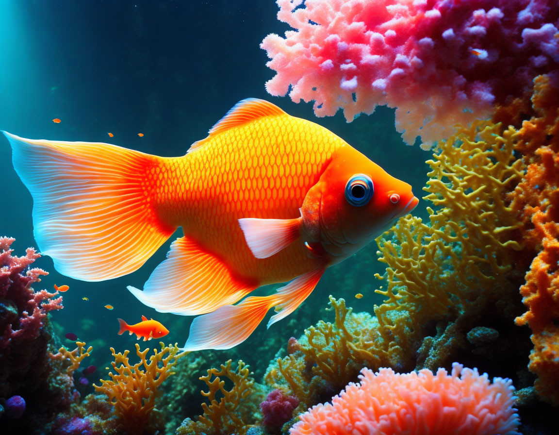 Colorful Orange Fish Swimming Near Coral Reefs in Deep Blue Water