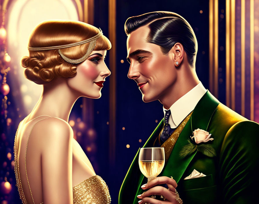 Illustration of elegant 1920s couple with champagne in glamorous setting