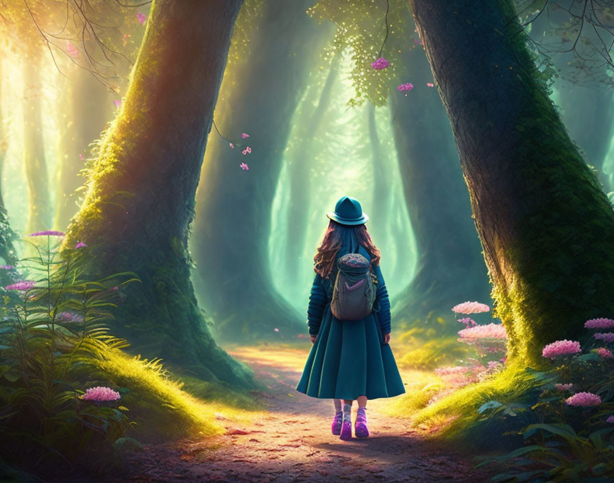 Person in Blue Coat and Hat on Forest Path with Sunlight and Pink Flowers