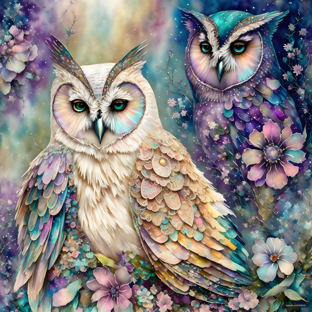 Colorful Stylized Owls Illustration with Flower Background