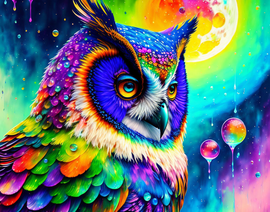 Colorful Owl with Blue, Purple, and Orange Plumage on Psychedelic Moon Background