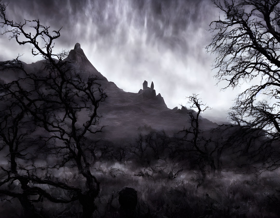 Misty landscape with barren trees and rocky peak under dramatic sky