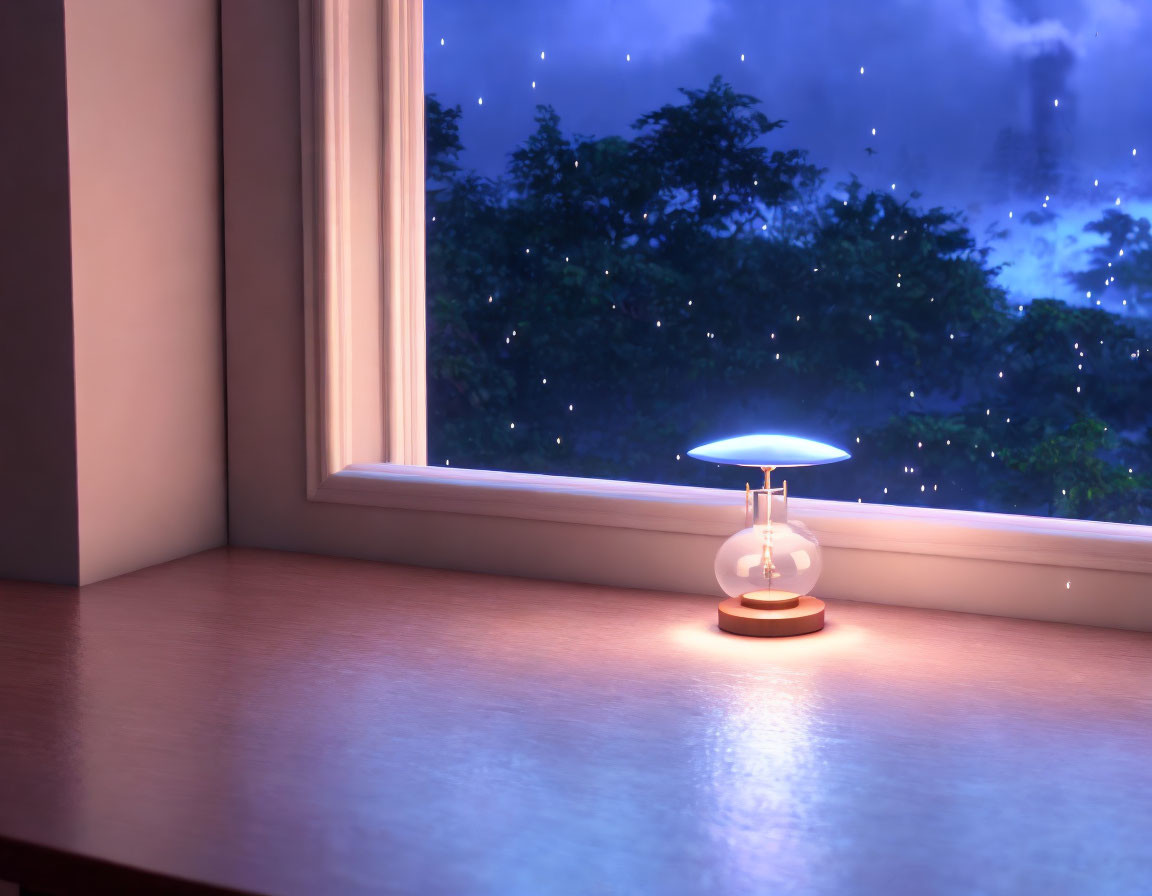 Round lamp on wooden windowsill with twilight sky and stars visible
