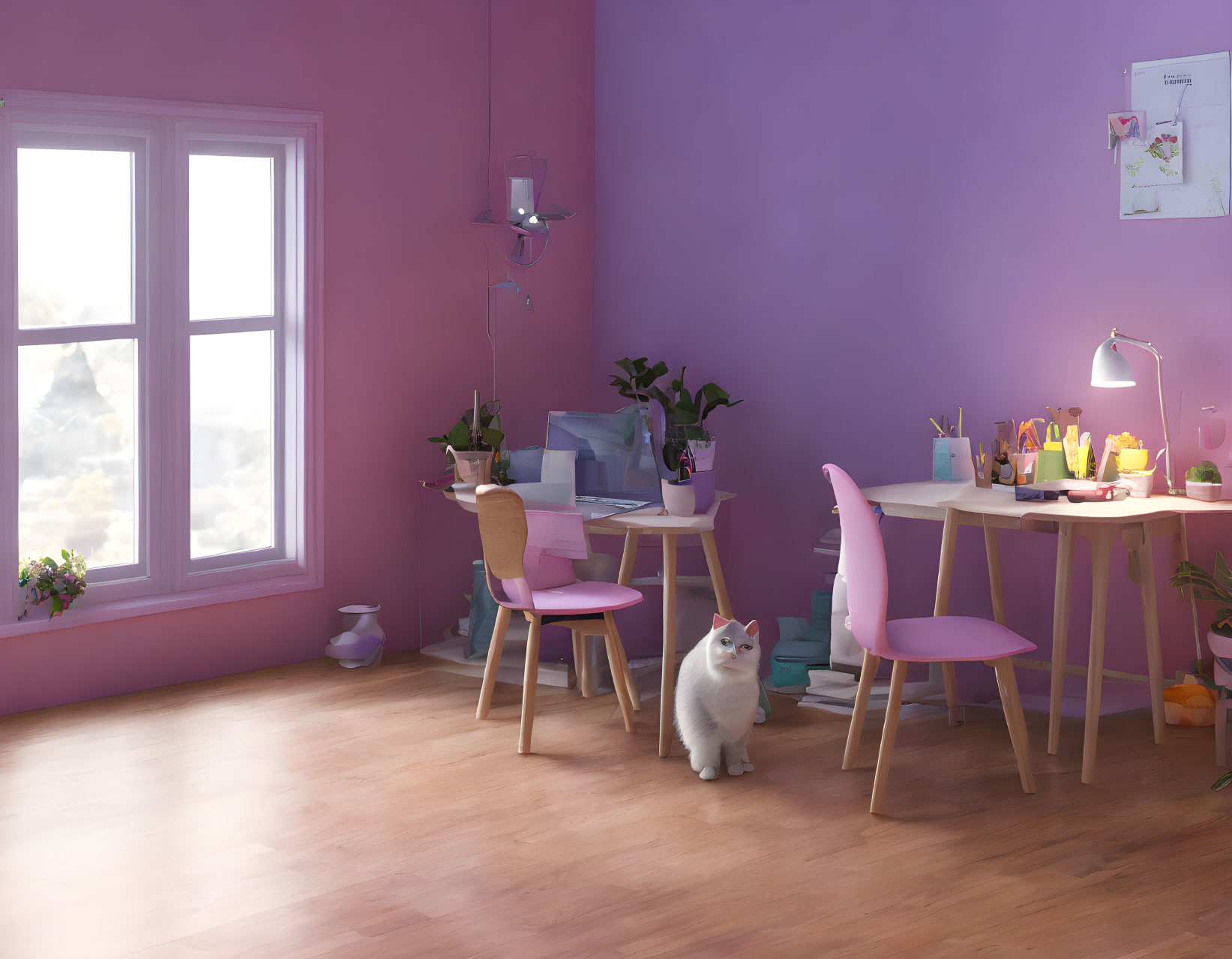 Purple-themed Room with Cat, Art Supplies, and Window