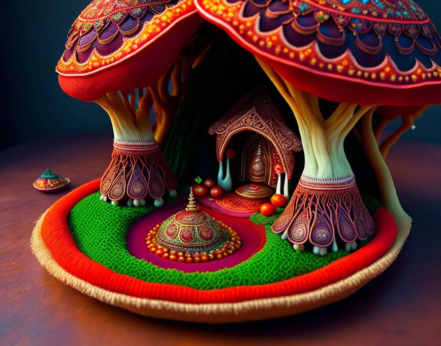 Vibrant Mushroom House Artwork with Ornamental Patterns