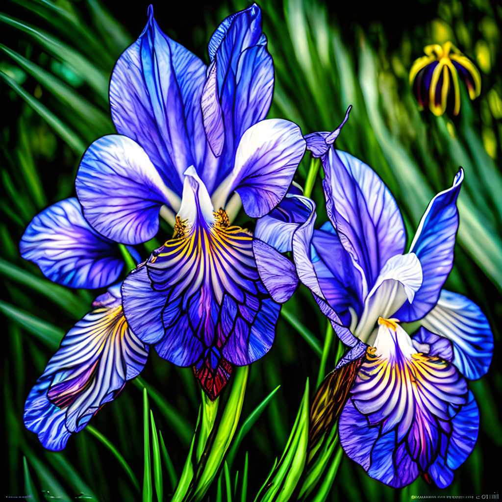Colorful Blue and Purple Irises with Yellow and White Patterns on Dark Green Background