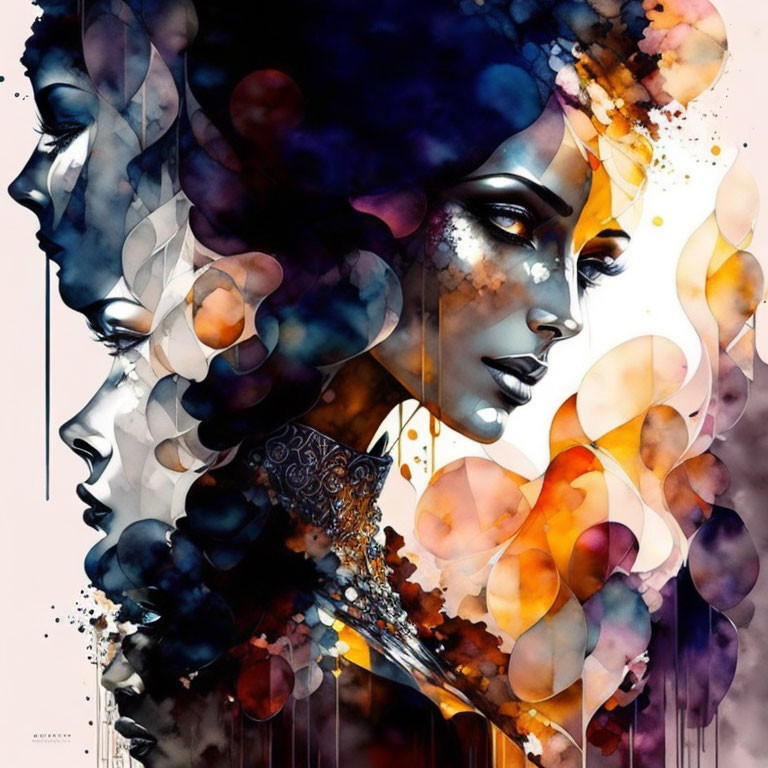 Vibrant watercolor artwork of two female profiles with warm and cool hues and intricate patterns.