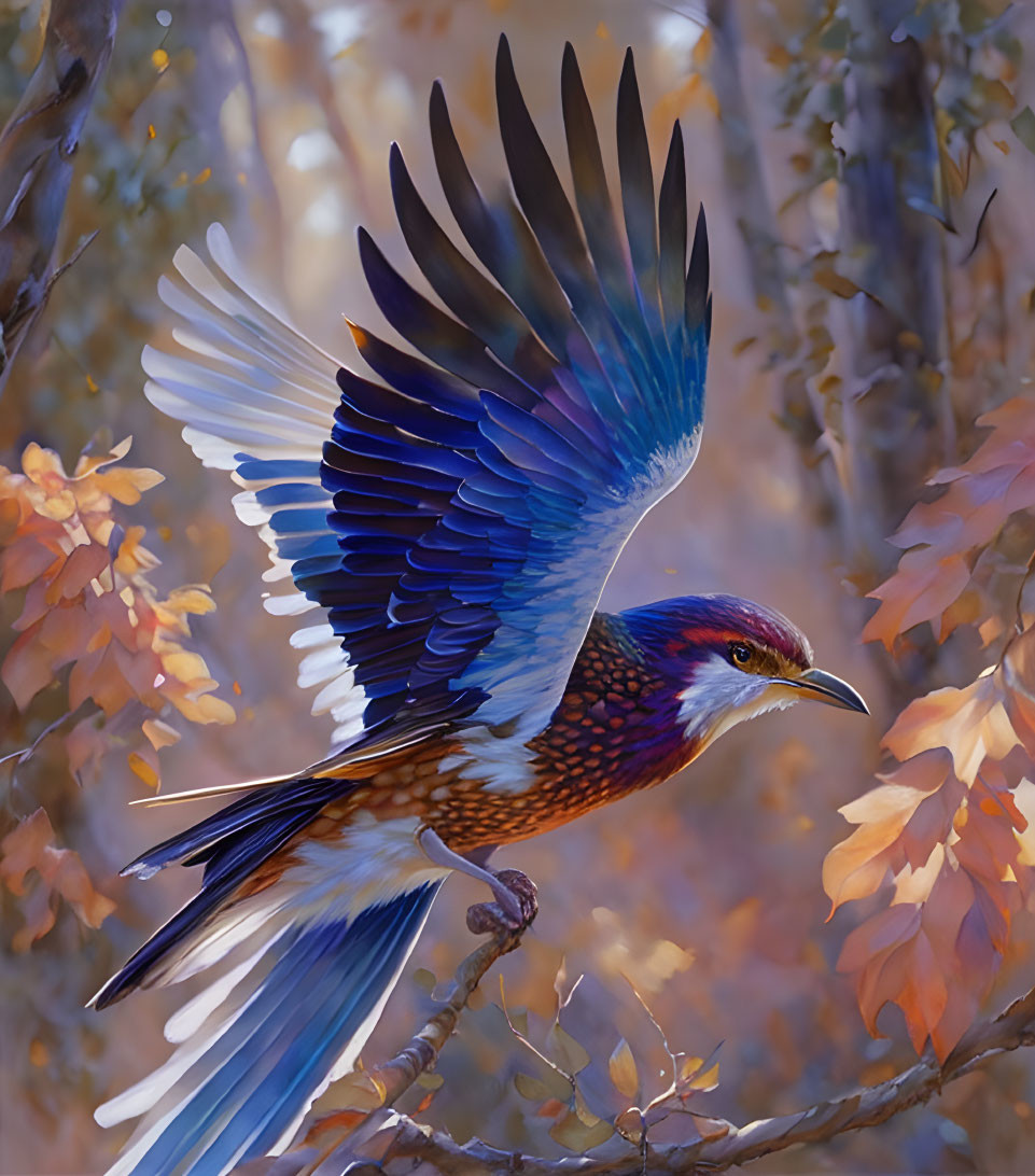 Colorful Bird Flying Among Autumn Leaves with Expanded Blue Wings
