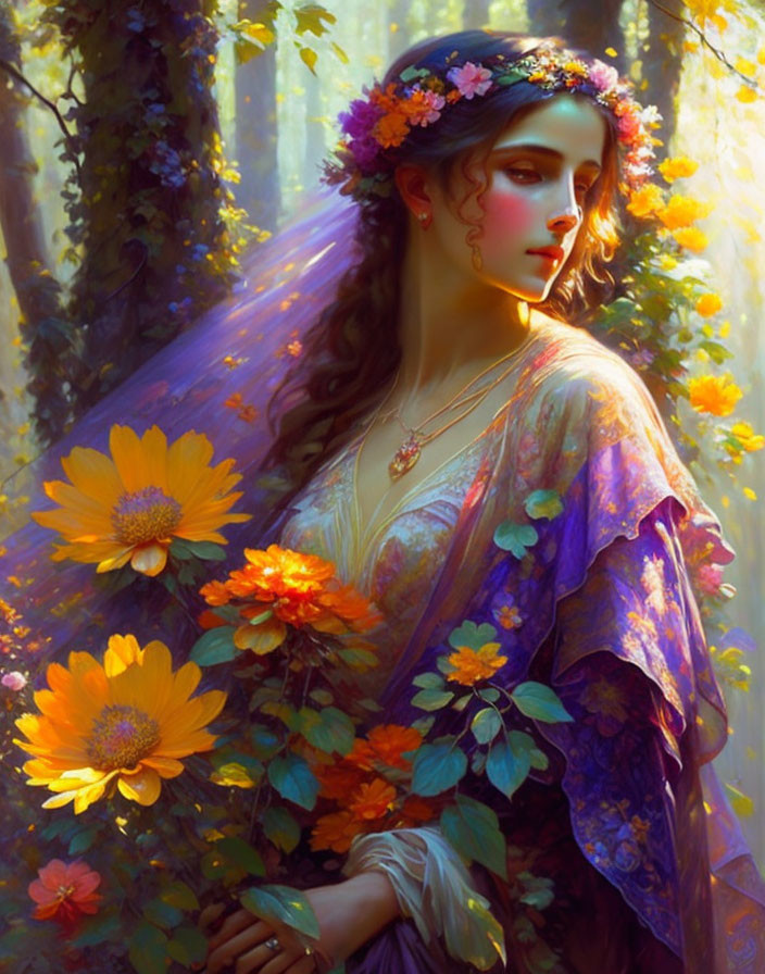 Woman with Floral Crown in Enchanted Forest Setting