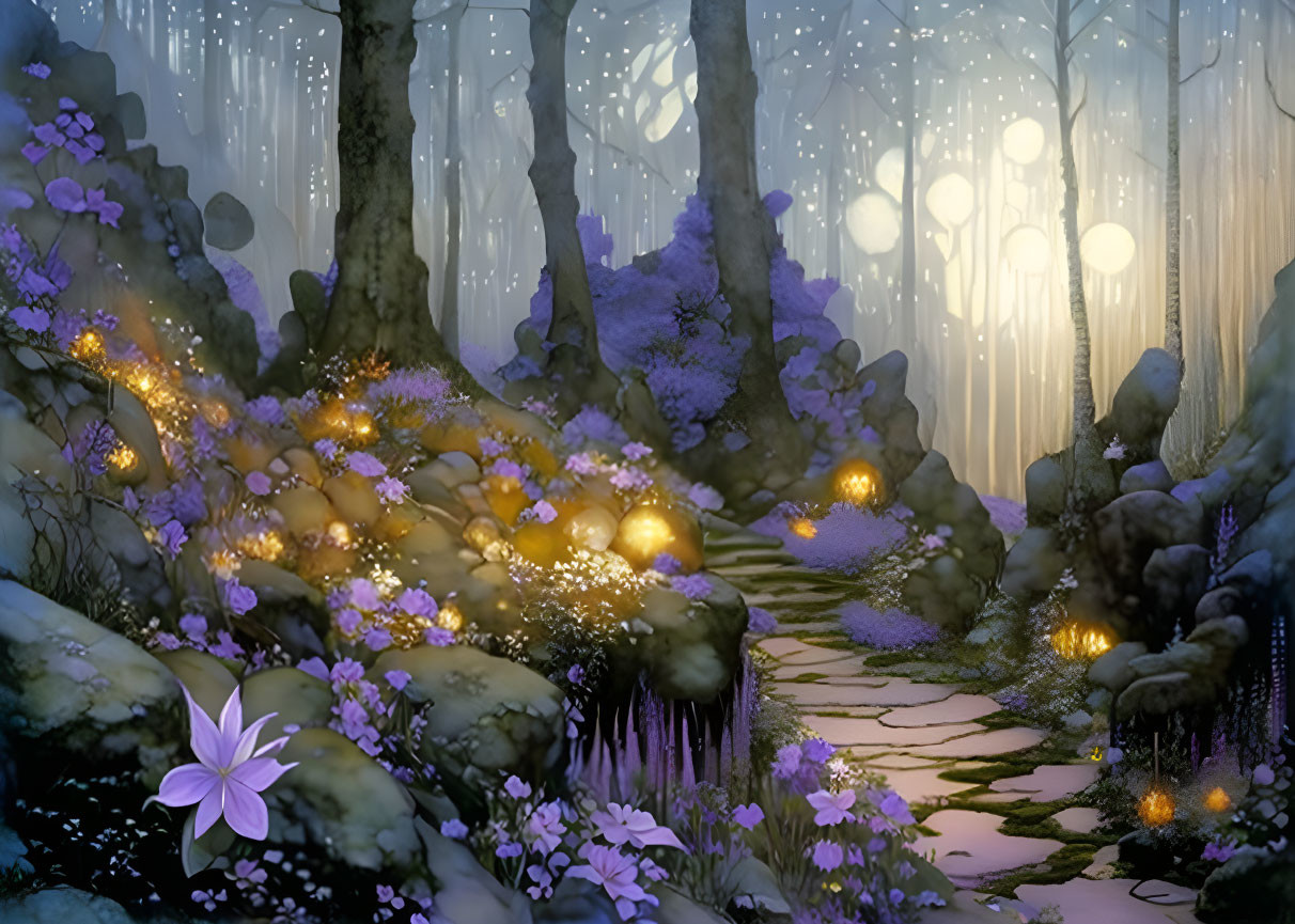 Enchanting forest path with blooming flowers and glowing lights