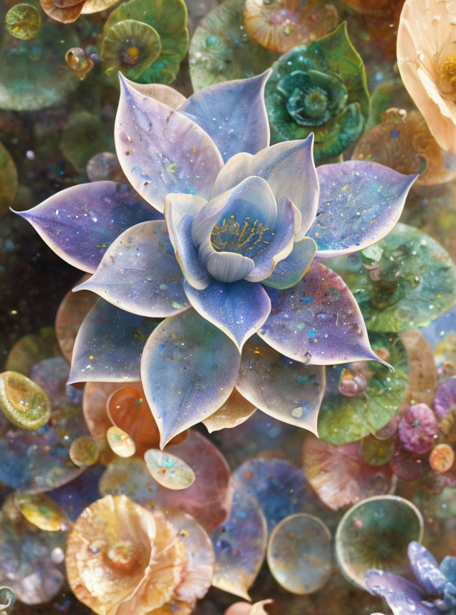 Colorful surreal flower art with succulent-like petals on kaleidoscopic background